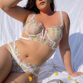 Sheer Mesh Colorful Floral Embroidery Sexy Lingerie Set