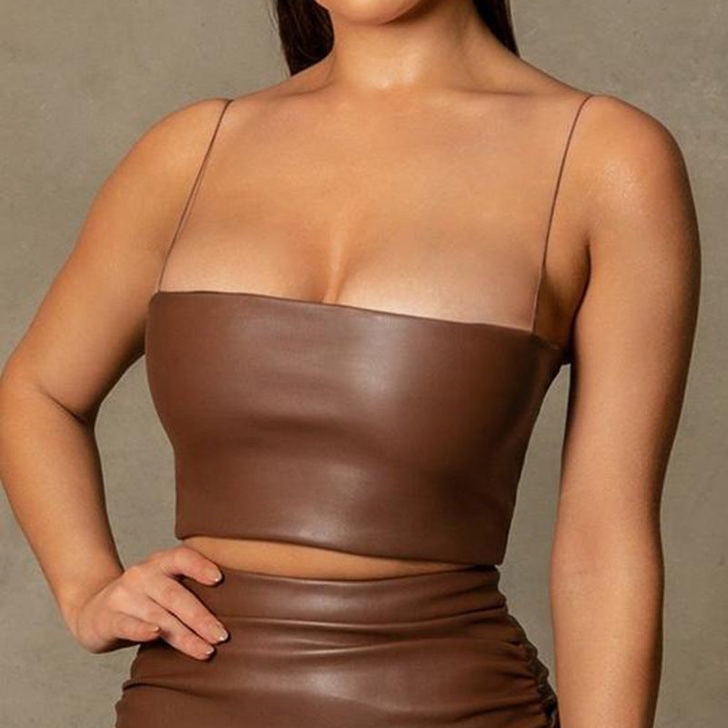 Leather Low - cut Camisole Top Club Wear