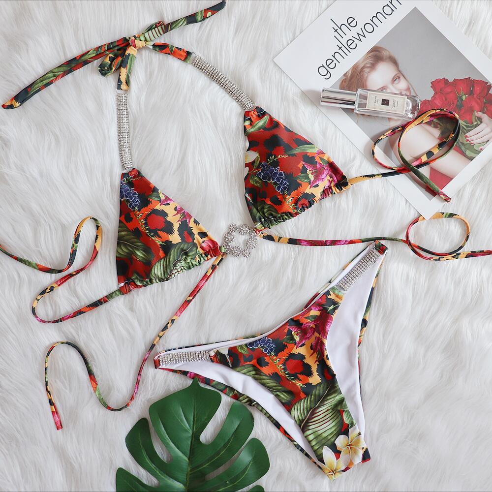 Tropical Flowers Print Luxurious Rhinestone Bikini