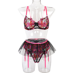 New Love Embroidered Tutu Skirt Sexy 4-Piece Lingerie Set