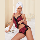Satin Lace Panel Sexy Tie Back Strap Off-Shoulder Pajama