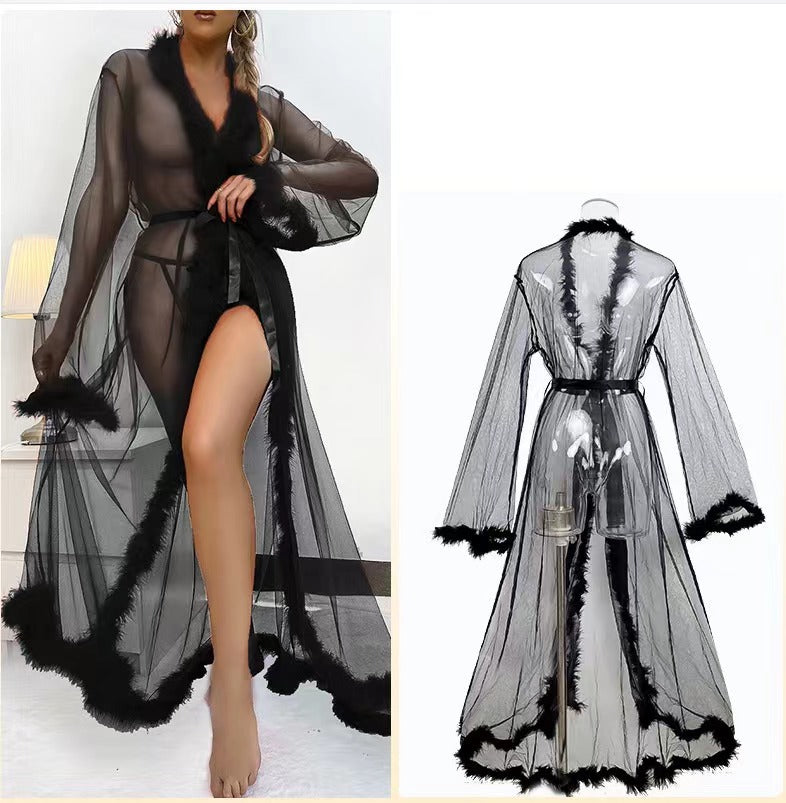 Perspective Sheer Mesh Plumes Trim Sexy Robe
