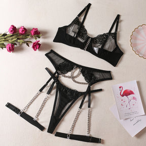 Sheer Mesh Embroidery Metal Chain Sexy Lingerie Set