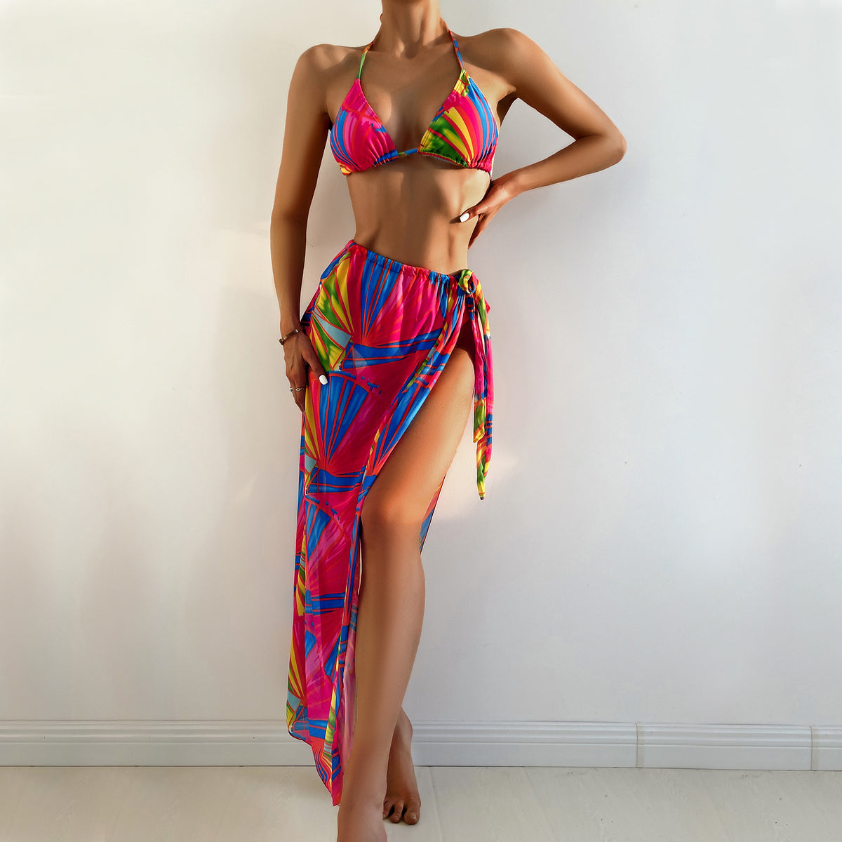 New Floral Bikini Sexy Lace-Up Swimsuit 3Pcs Resort Swim