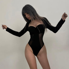 Sexy Square Collar See-Through Stitching Long-Sleeved Bodysuit