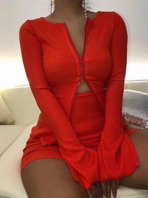 Zipper Sexy Tight Dress  2PCS Dress Set Club Wear