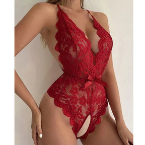 Neckline Lace Up Sexy Open Back Lace Bodysuit - Sexyzara