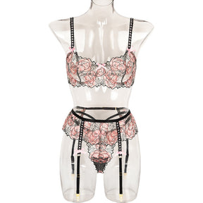 Pink Embroidered Camisole Bow Sexy Lingerie Set