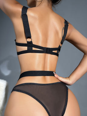 Strappy Hollow Out Metal Ring Sexy Lingerie Set