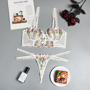 Floral Embroidered Lace Trim Lingerie Set - Sexyzara