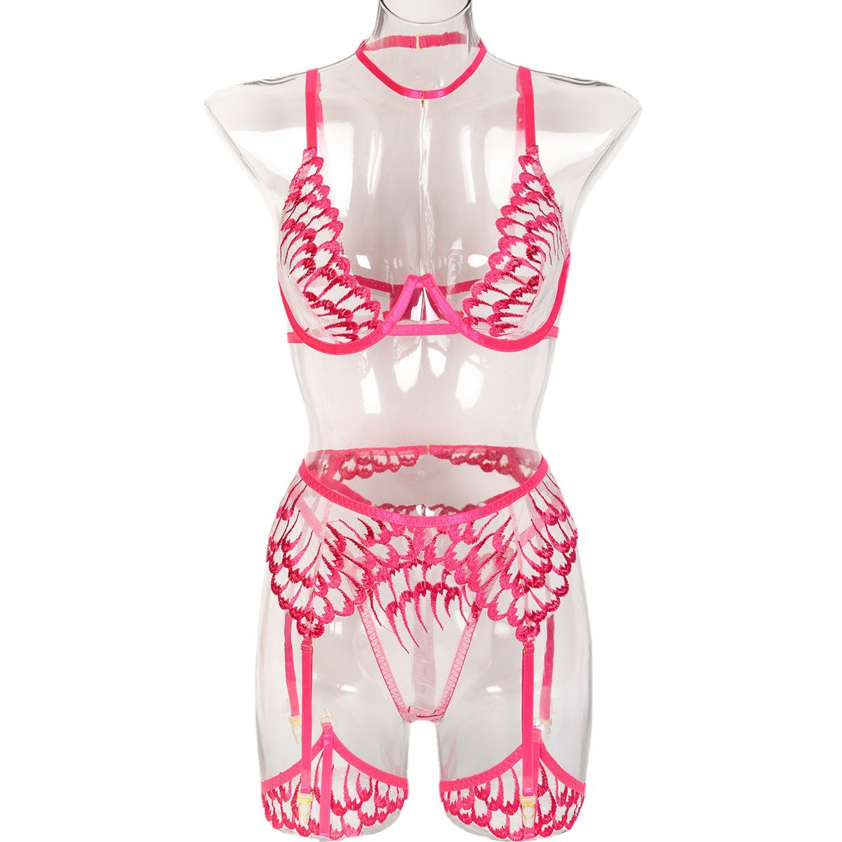 New Wings Embroidery Sexy Lingerie Set Hot Pink
