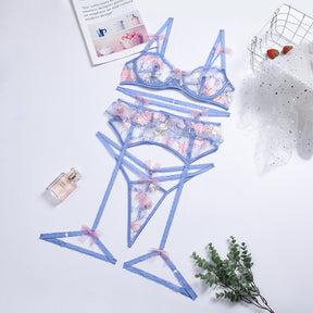 Pink Floral Embroidery Sheer Mesh Sexy Lingerie Set