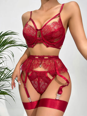 Red Allover Lace Trim Strappy Sexy Lingerie Set