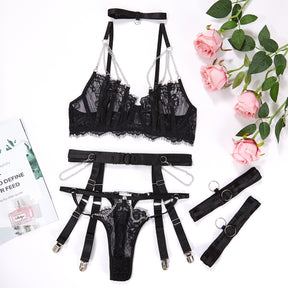 Metal Chain Allover Lace Sexy Lingerie Set