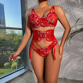 New Red Embroidered Sexy Lingerie Three-piece Set