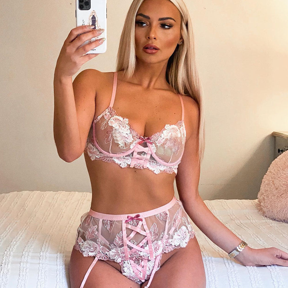 Perspective Mesh Embroider Bow Lace Sexy Lingerie Set