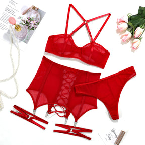Mesh Perspective Sexy Cross Strap Hollow Lingerie Set