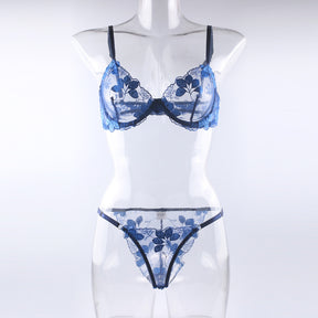 New Perspective Blue Flower Embroidered Lace Sexy Lingerie Set