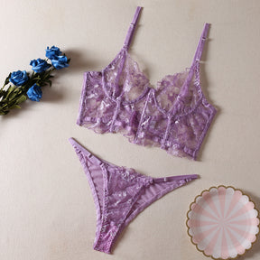 Allover Lace Floral Embroidery Deep V Sexy Lingerie Set