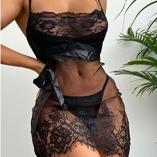 Sheer Lace Pespective Strappy Sexy Lingerie Set Chemise
