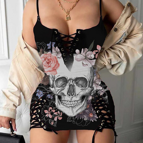 Plus Size Sexy Skull Print Sleeveless Sling Bag Hip Skirt Club Dress