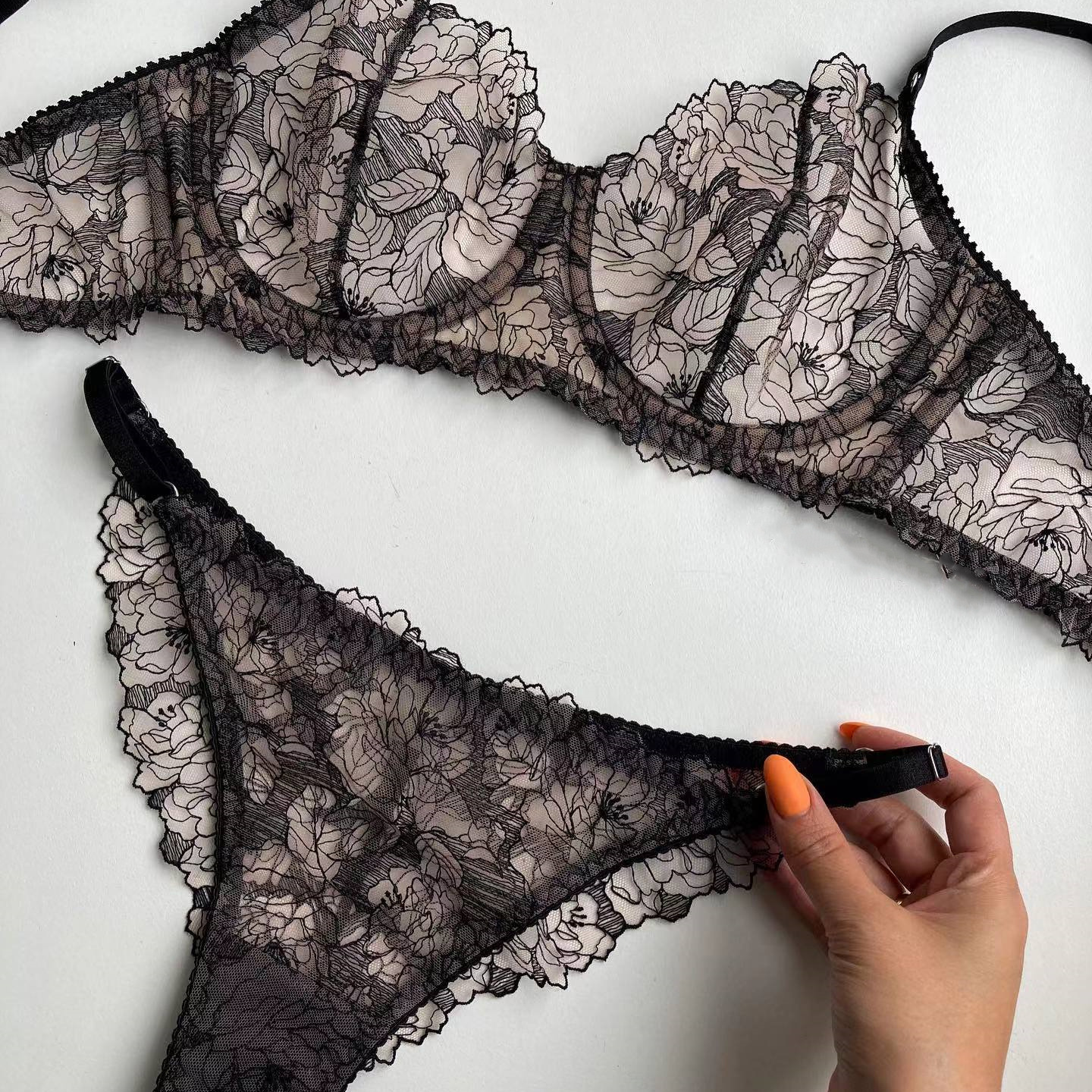 Sheer Mesh Floral Embroidery Lace Sexy Lingerie Set